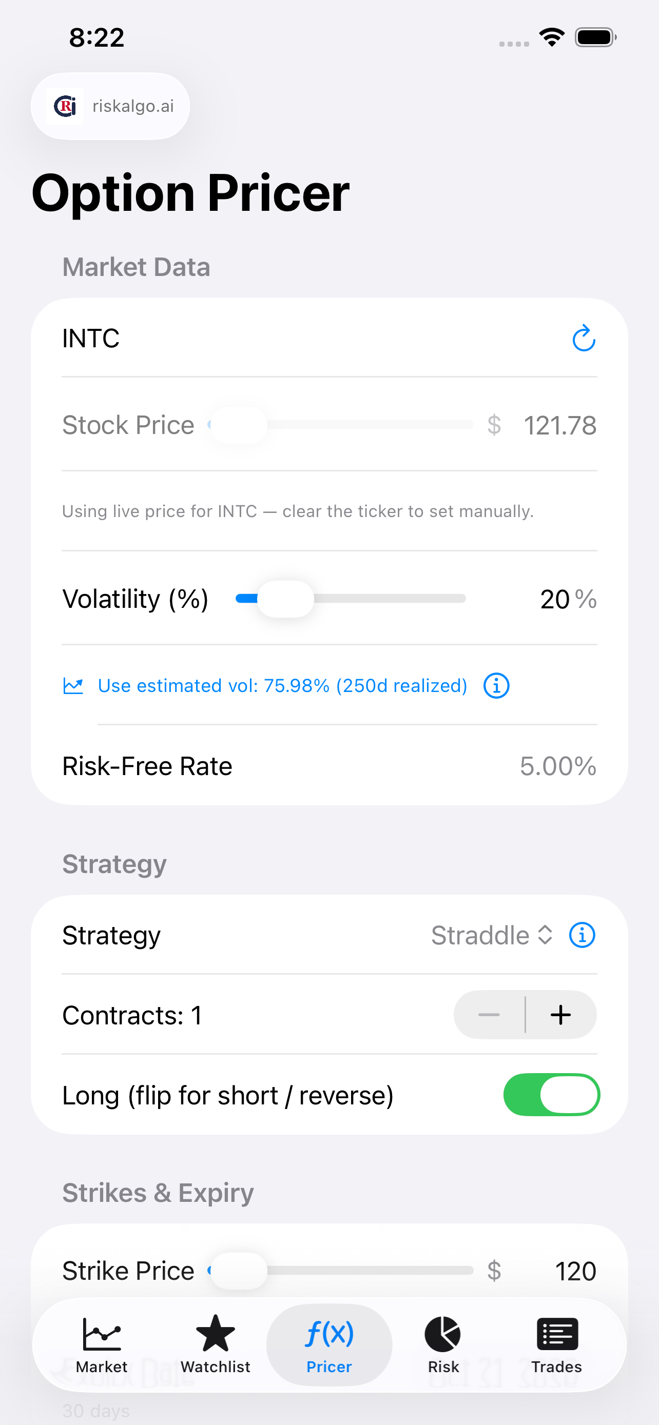 RiskAlgo Pricer screen showing a Straddle strategy with live market data